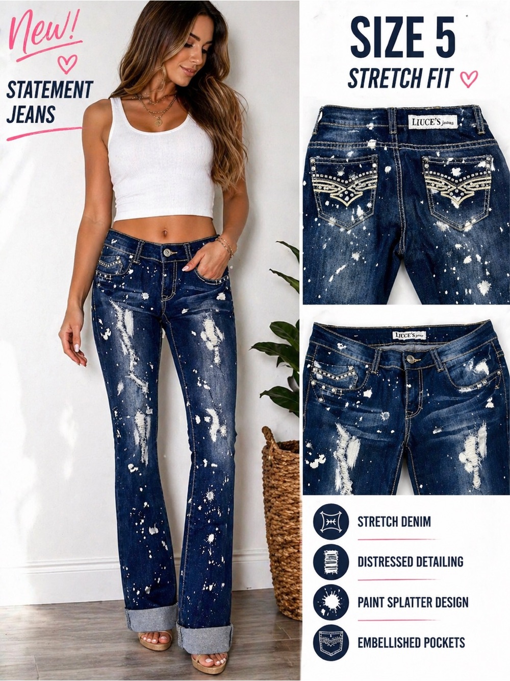 👖Stretch Paint-Splatter Dark Blue Women's Jeans - Size 5